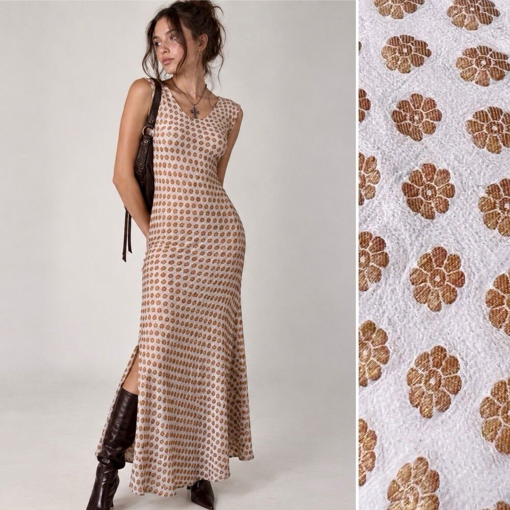 Sula Clothing Silk Zari Bias Cut Maxi Slip Dress XS Ivory Gold Block Print Y2K